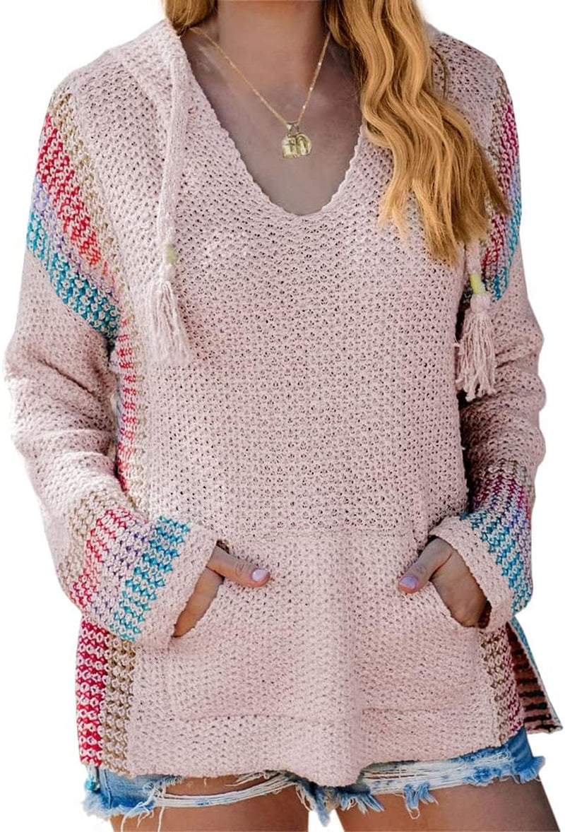 Women Boho Sweater Hooded Hoodie Baja Colorblock Pullover Striped V Neck Mexican Knit Christmas Sweatshirt